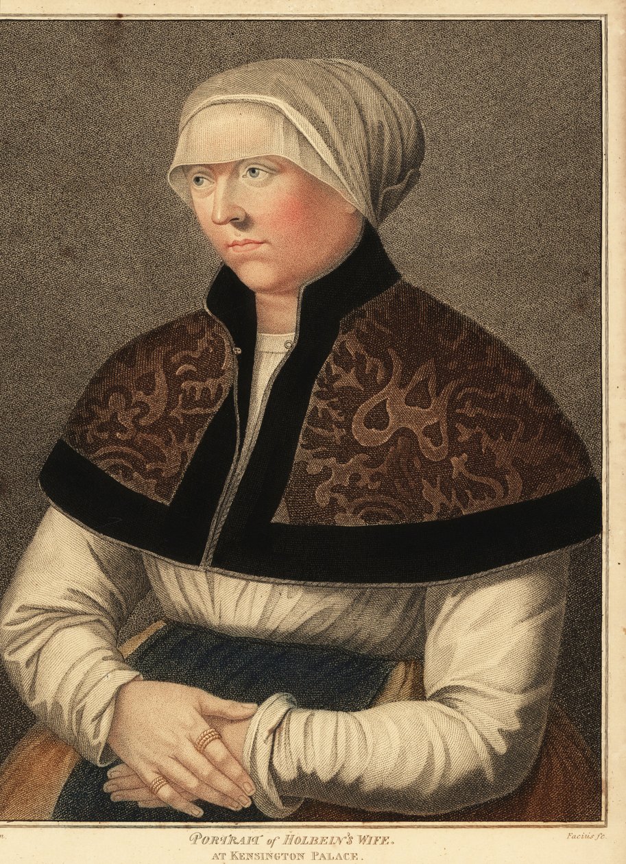 Retrato da esposa de Hans Holbein Elsbeth no Palácio Kensington. ,1812 (gravura) de Hans (after) Holbein the Younger