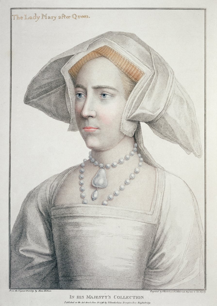 Retrato de A Senhora Maria depois da Rainha (1516-58) gravado por Francesco Bartolozzi (1727-1815) 1796 (gravura) de Hans (after) Holbein the Younger