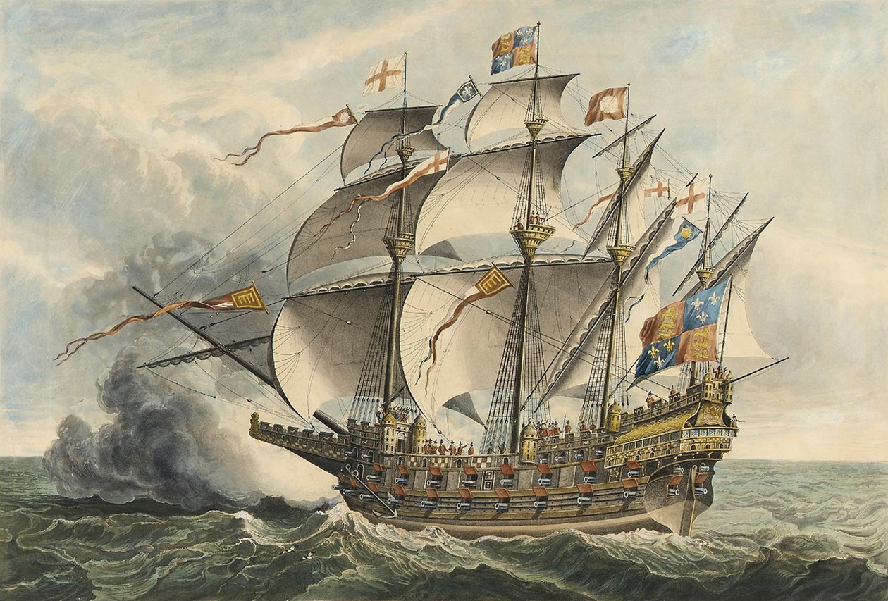 The Great Harry O primeiro navio de guerra que transportava armas, construído em Woolwich no reinado de Henrique VIII de Hans (after) Holbein the Younger