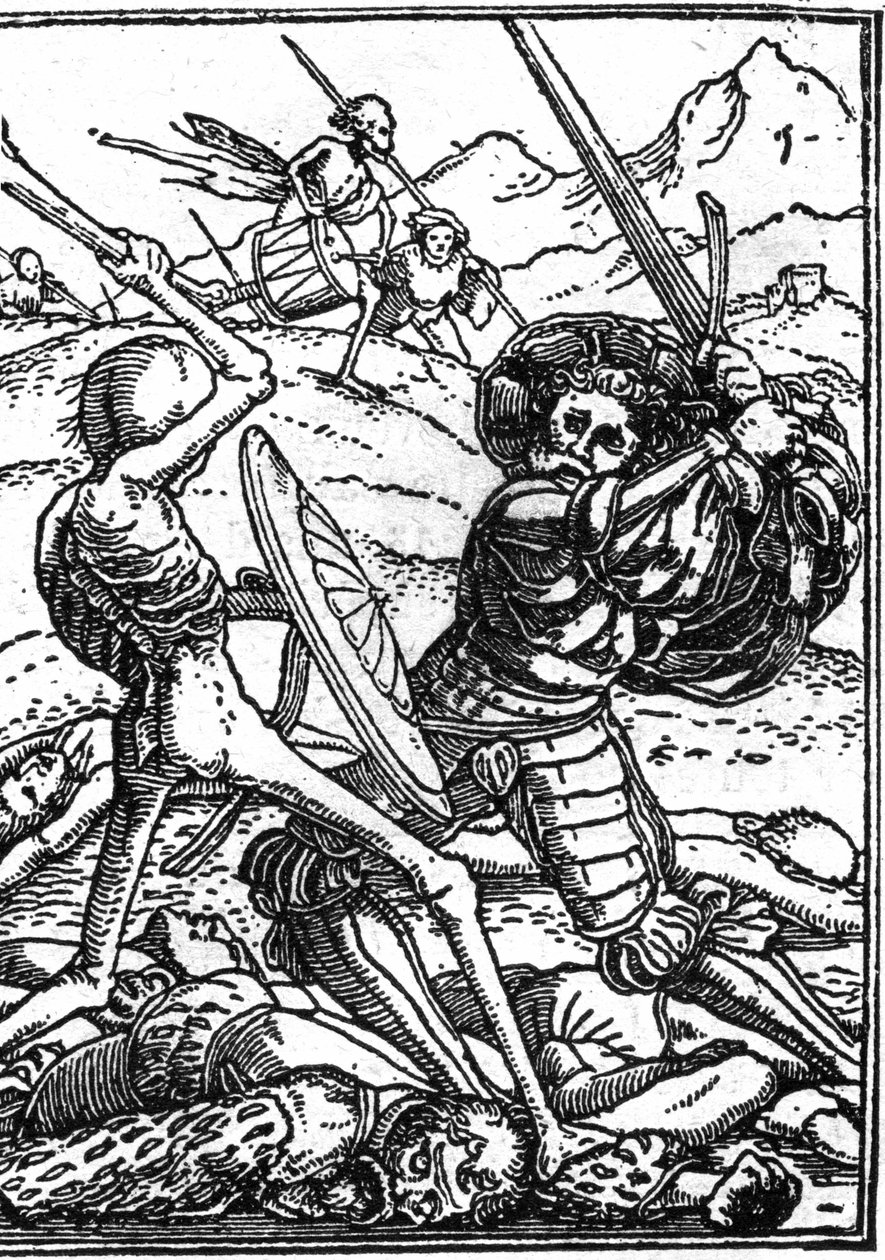 A morte simulada de Hans Holbein, o Jovem (1497-1543): o soldado. Um soldado luta contra a morte; aos seus pés jazem os corpos de outros guerreiros. A gravura. de Hans (after) Holbein the Younger
