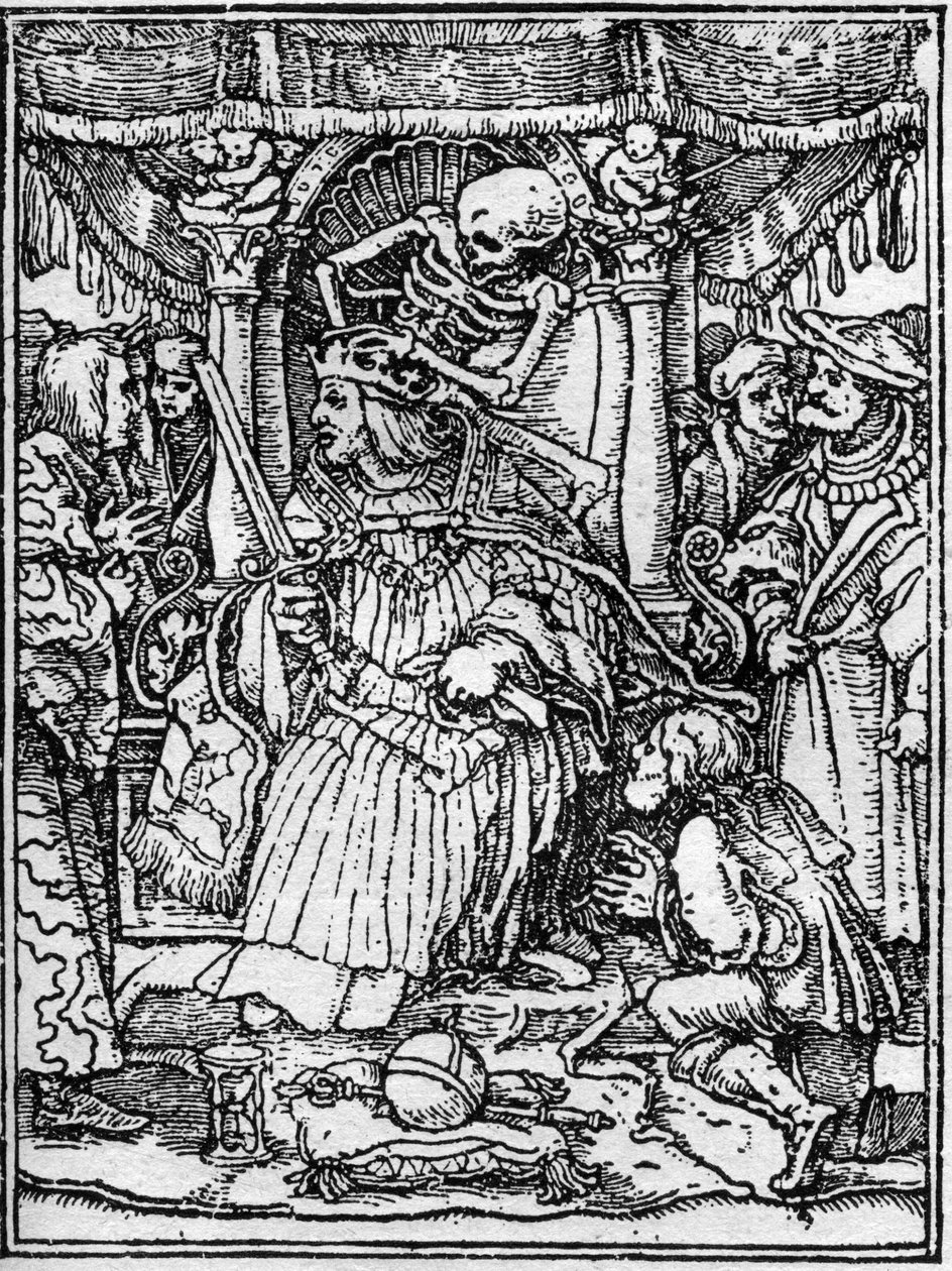 Os simulacros da morte de Hans Holbein, o Jovem (1497-1543): o imperador. Enquanto a morte tira a coroa do imperador, um camponês lhe implora por justiça. A gravura. de Hans (after) Holbein the Younger
