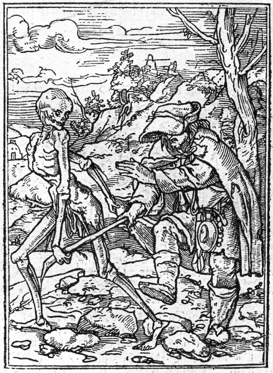 Os simulacros da morte de Hans Holbein, o Jovem (1497-1543): o cego. A morte agarra o pau do cego e age como um guia. A gravura. de Hans (after) Holbein the Younger