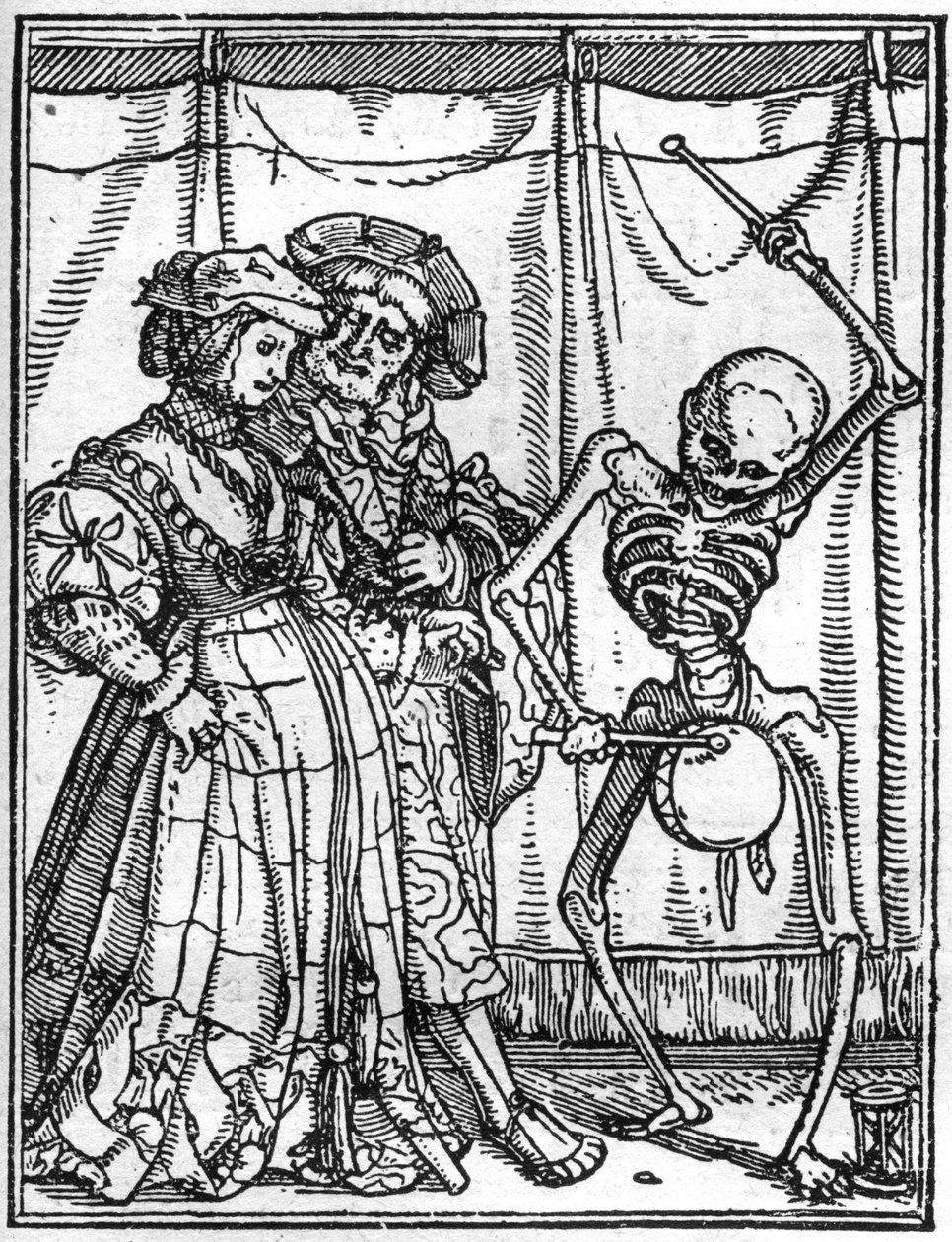 Os simulacros da morte de Hans Holbein, o Jovem (1497-1543): os maridos. A morte toca o tambor na frente de um casal. A gravura. de Hans (after) Holbein the Younger