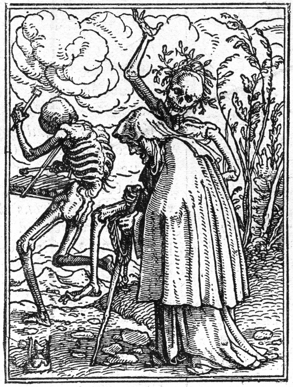 Os simulacros da morte de Hans Holbein, o Jovem (1497-1543): o velho. A morte acompanha uma senhora idosa ao seu destino. A gravura. de Hans (after) Holbein the Younger
