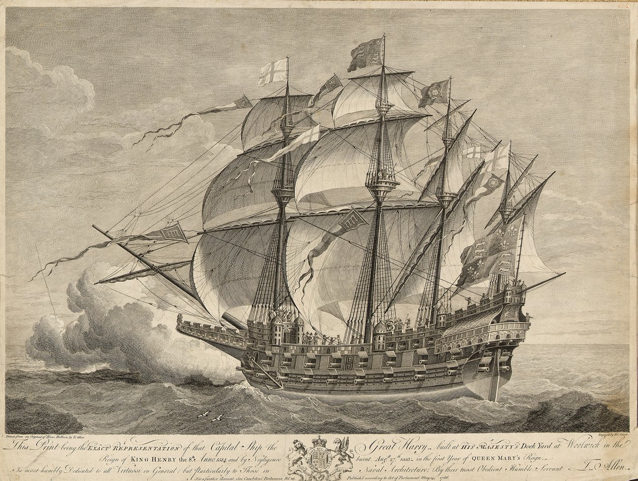 Esta gravura é a representação exacta do navio de guerra Great Harry, construído no estaleiro de Sua Majestade em Woolwich, no reinado do rei Henrique VIII, ano 1514... de Hans (after) Holbein the Younger