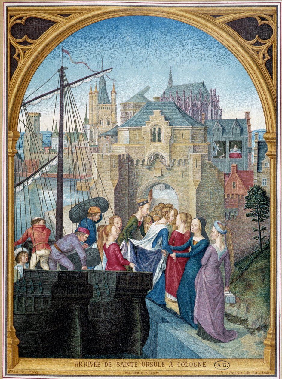 Aterragem de Santa Úrsula em Colónia, a partir da ap. xadrez de Santa Úrsula por Memling de Hans (after) Memling