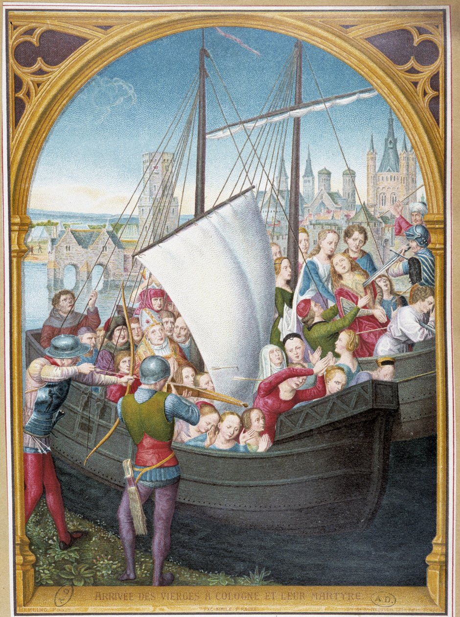 Aterragem das virgens em Colônia e seu martírio, da ap. xadrez de Santa Úrsula, Bruges, por Memling de Hans (after) Memling