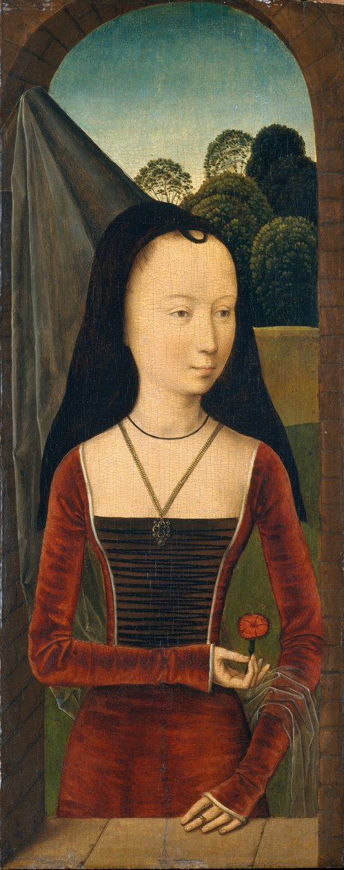 Mulher jovem com uma rosa, c.1485-90 (óleo sobre madeira) de Hans (attr.to) Memling