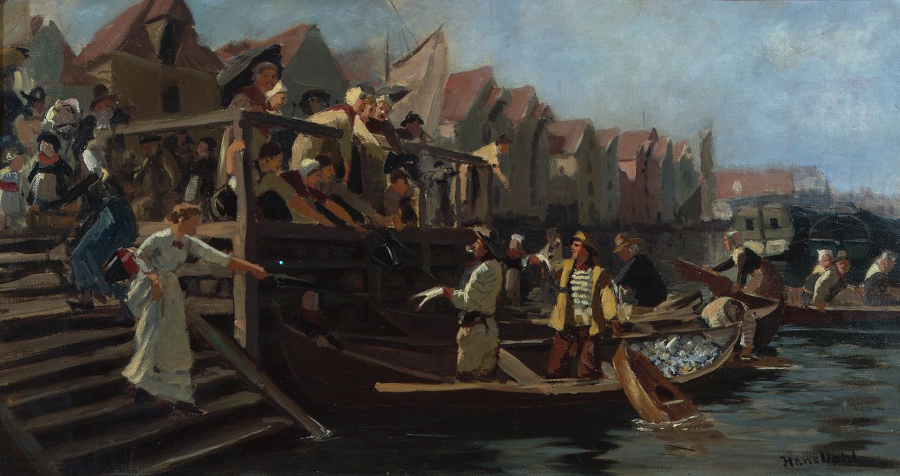 Licitação no Mercado de Peixe, Triângulo de Bergen (óleo sobre tela) de Hans Andreas Dahl