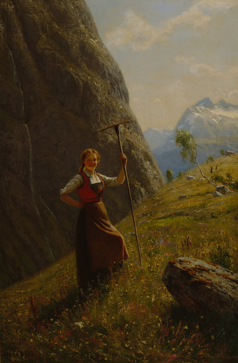Dairymaid with Rake (óleo sobre tela) de Hans Andreas Dahl