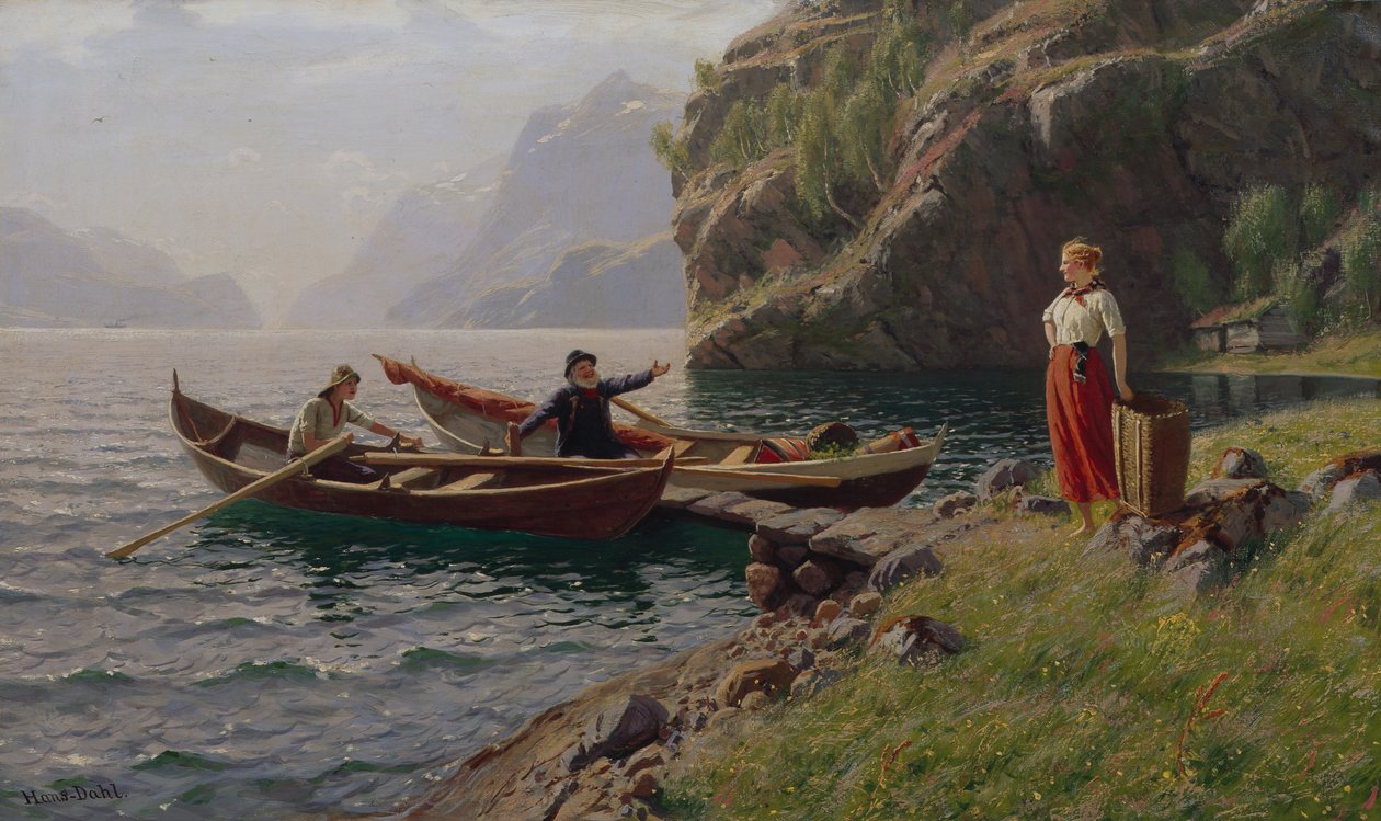 Vida cotidiana nos fiordes (óleo sobre tela) de Hans Andreas Dahl