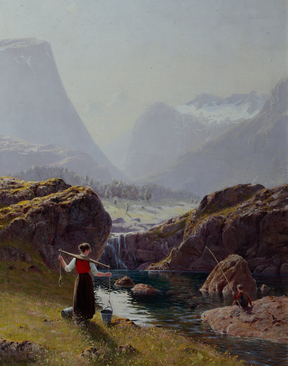 Rapariga com baldes de água e pesca de rapaz (óleo sobre tela) de Hans Andreas Dahl
