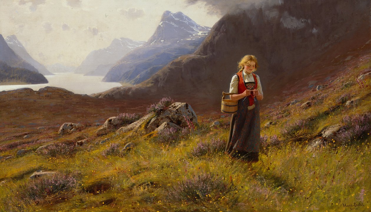 Tricotar Dairymaid (óleo sobre tela) de Hans Andreas Dahl
