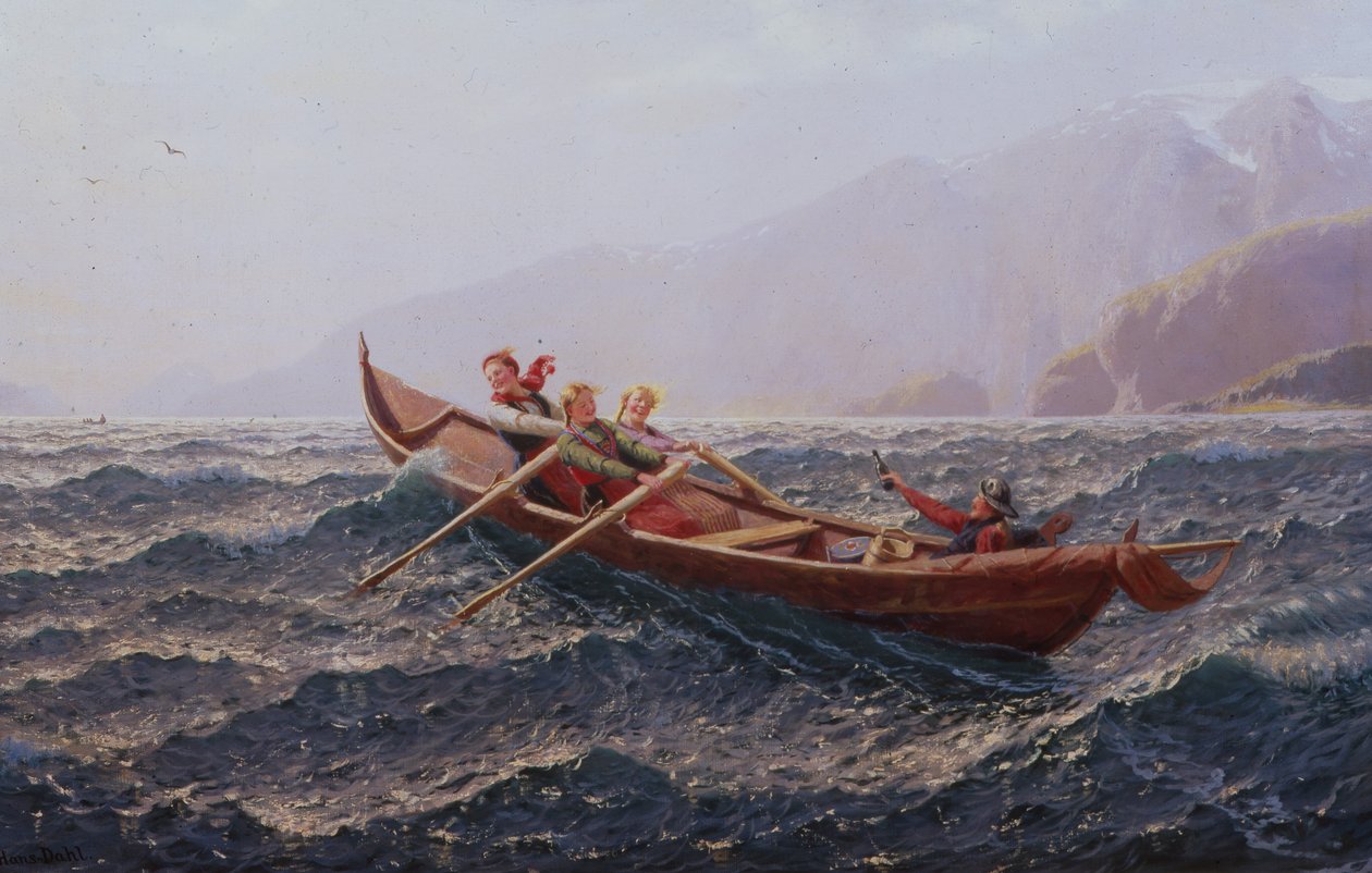 Pessoas em um barco a remo (óleo sobre tela) de Hans Andreas Dahl