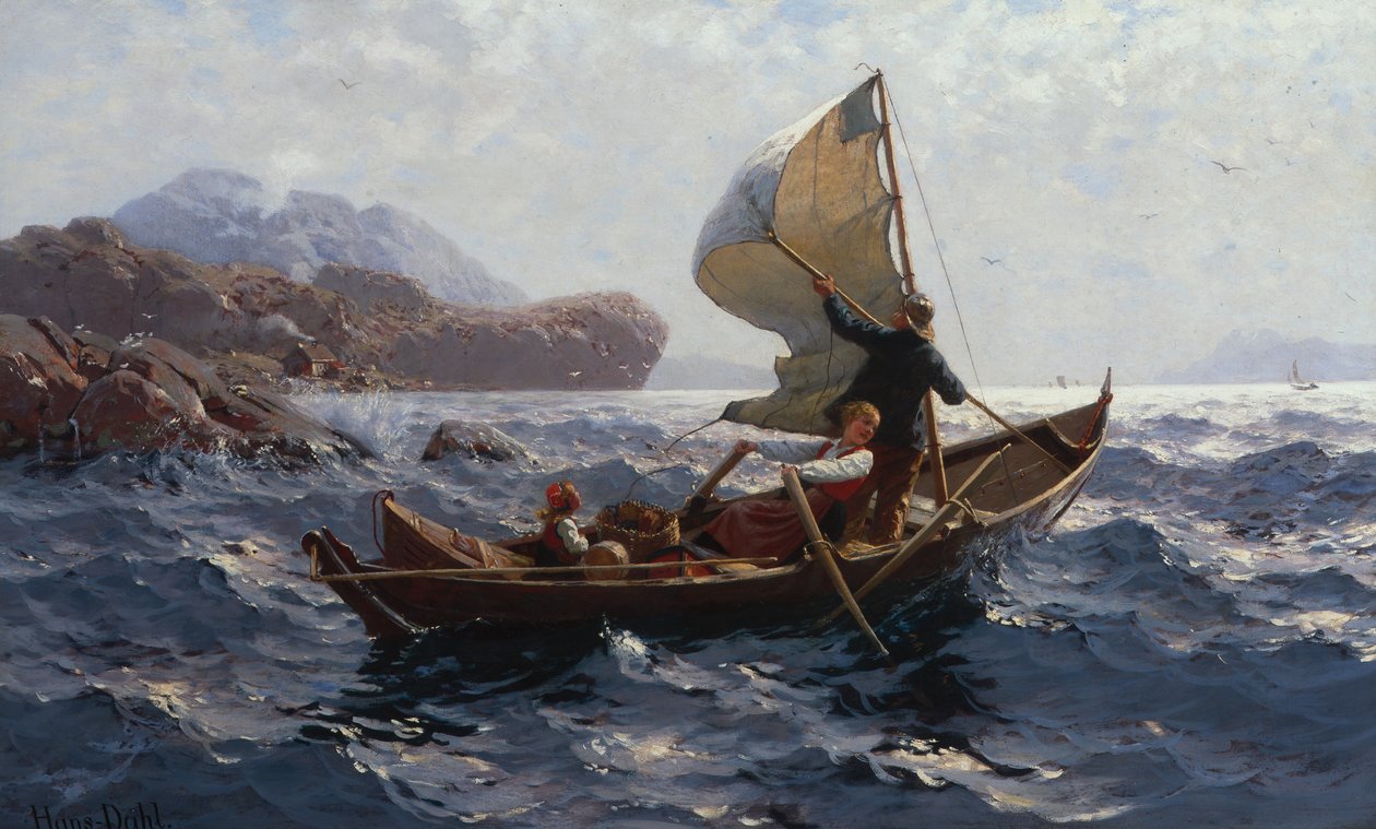Mulher, Homem e Criança num Oselver (óleo sobre tela) de Hans Andreas Dahl