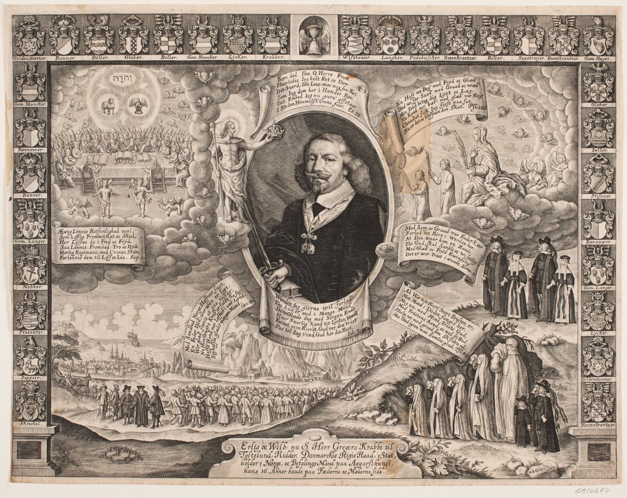 Gregers Krabbe a Torstedlund cercado por representações alegóricas e escudos de Hans Andreas Greys