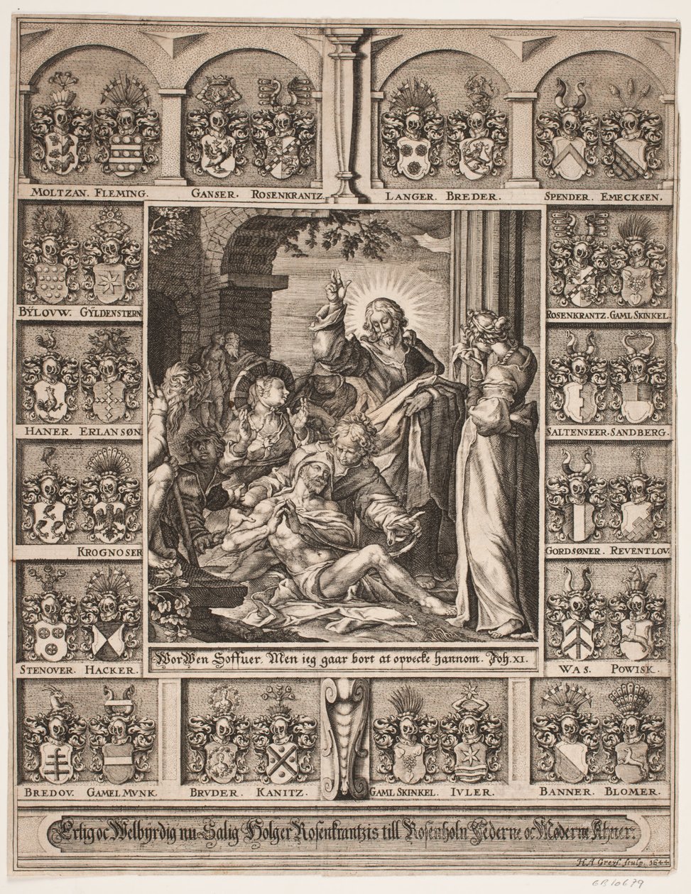 A ressurreição de Lázaro. Cercado pelos escudos de Holger Rosenkrantz de Hans Andreas Greys