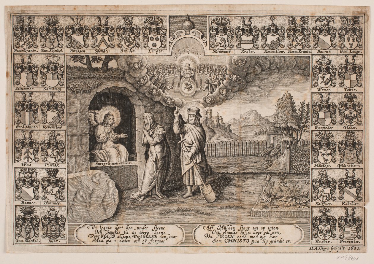Página de rosto para o sermão fúnebre de Ida Langs com representação de Cristo como jardineiro e Maria Madalena de Hans Andreas Greys