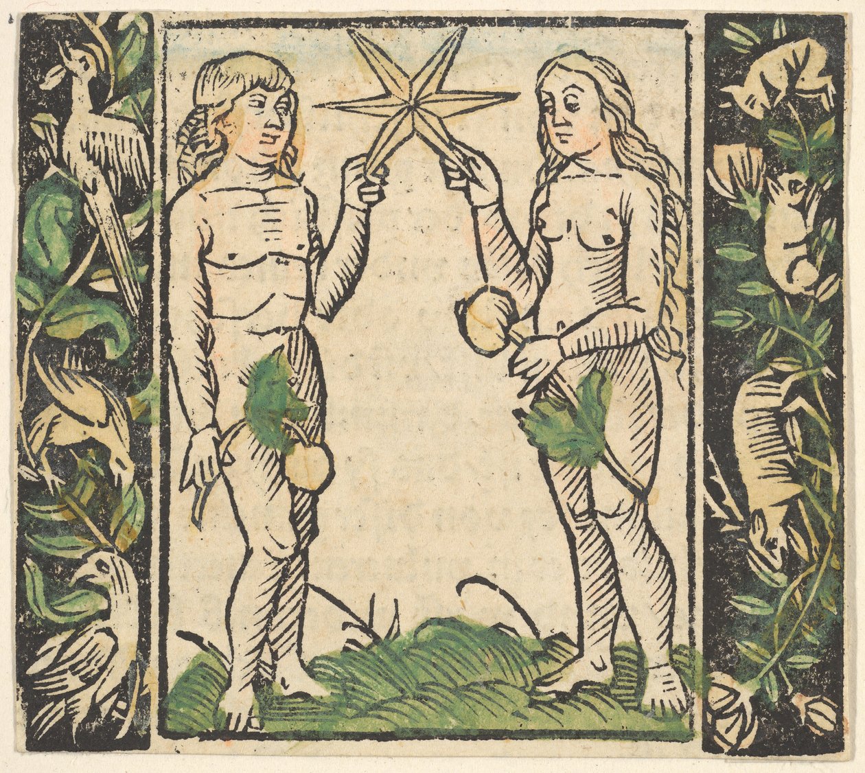 Adão e Eva segurando uma estrela, ilustração do Jardim Resoluto do Rosário Mariae. de Hans Baldung