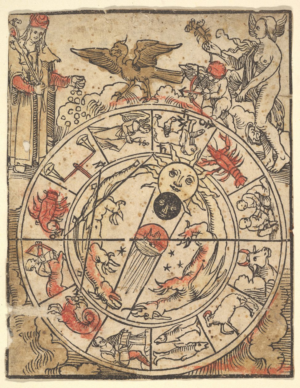 Carta dos Signos do Zodíaco com Vênus, Cupido e um Bispo Santo. de Hans Baldung