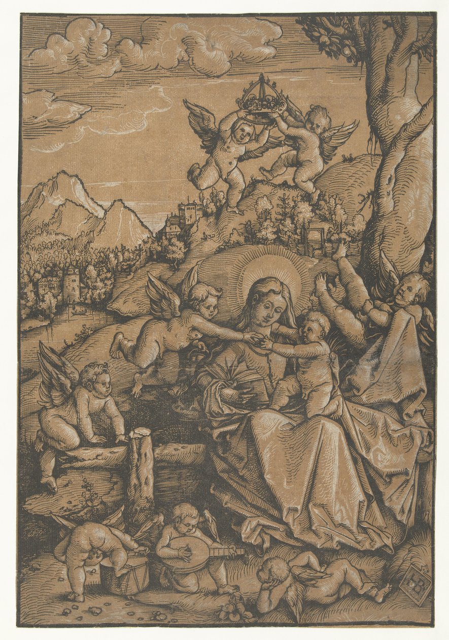 Maria e criança com oito anjos numa paisagem de Hans Baldung Grien