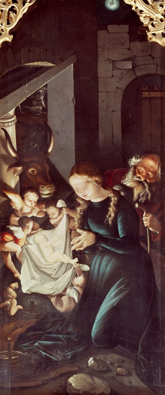 Natividade de Jesus, painel de Histórias da Virgem, de Hans Baldung (1484 ou 1485-1545), Altarpe da catedral de Friburgo de Hans Baldung Grien