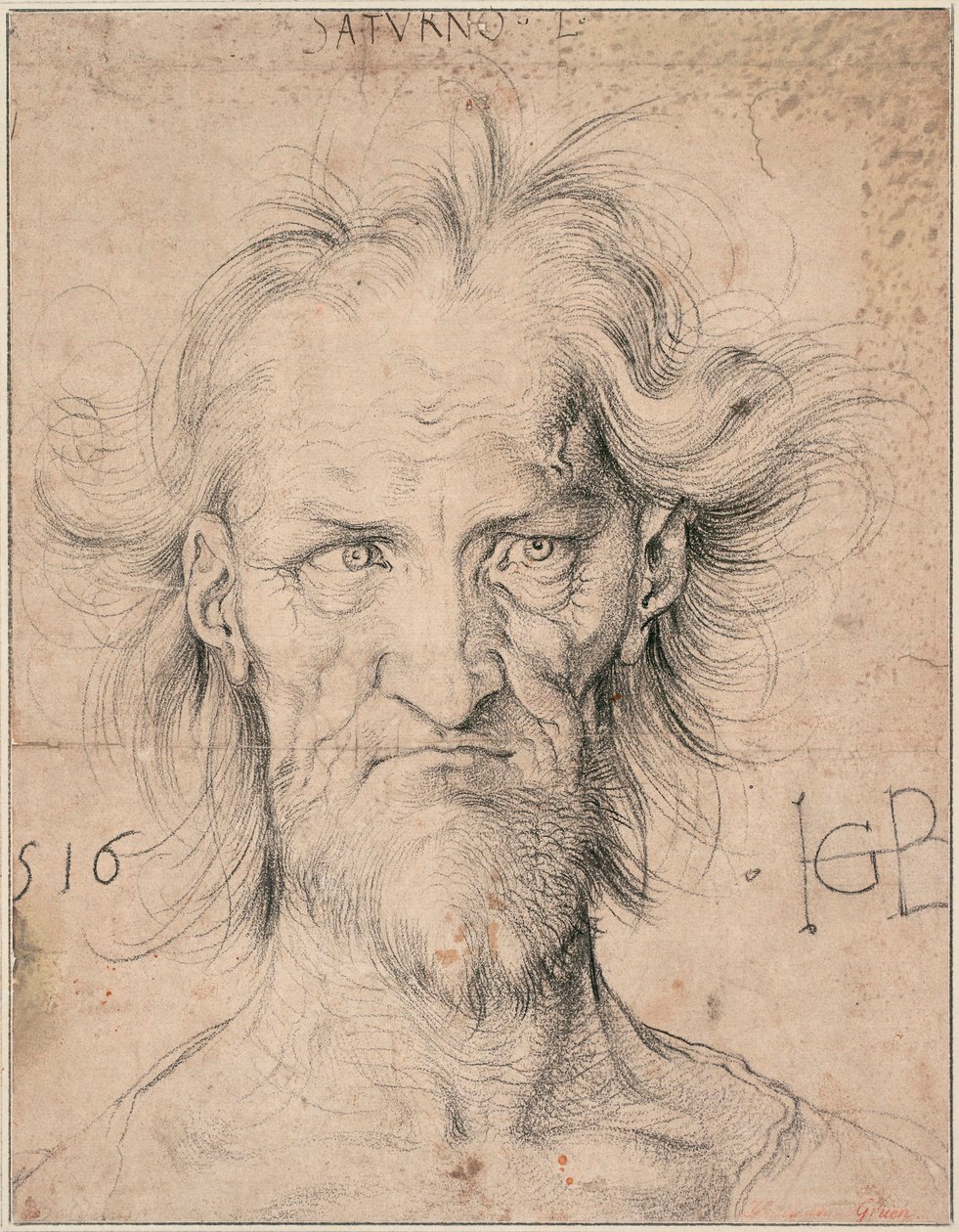 Cabeça de um Velho Barbudo, Saturno (Cabeça de um Velho Barbudo ""Saturno") - Desenho de Hans Baldung (1484-1545), giz preto sobre papel de Hans Baldung Grien