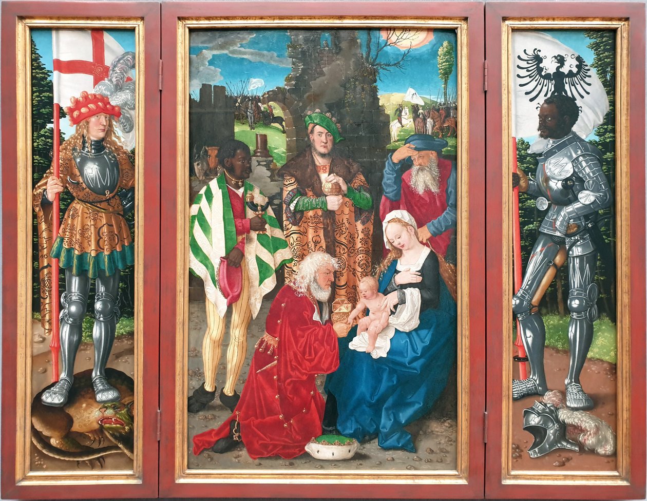 Retábulo dos Três Reis
Esquerda: São Jorge
Meio: A Adoração dos Reis

À direita: São Maurício de Hans Baldung Grien