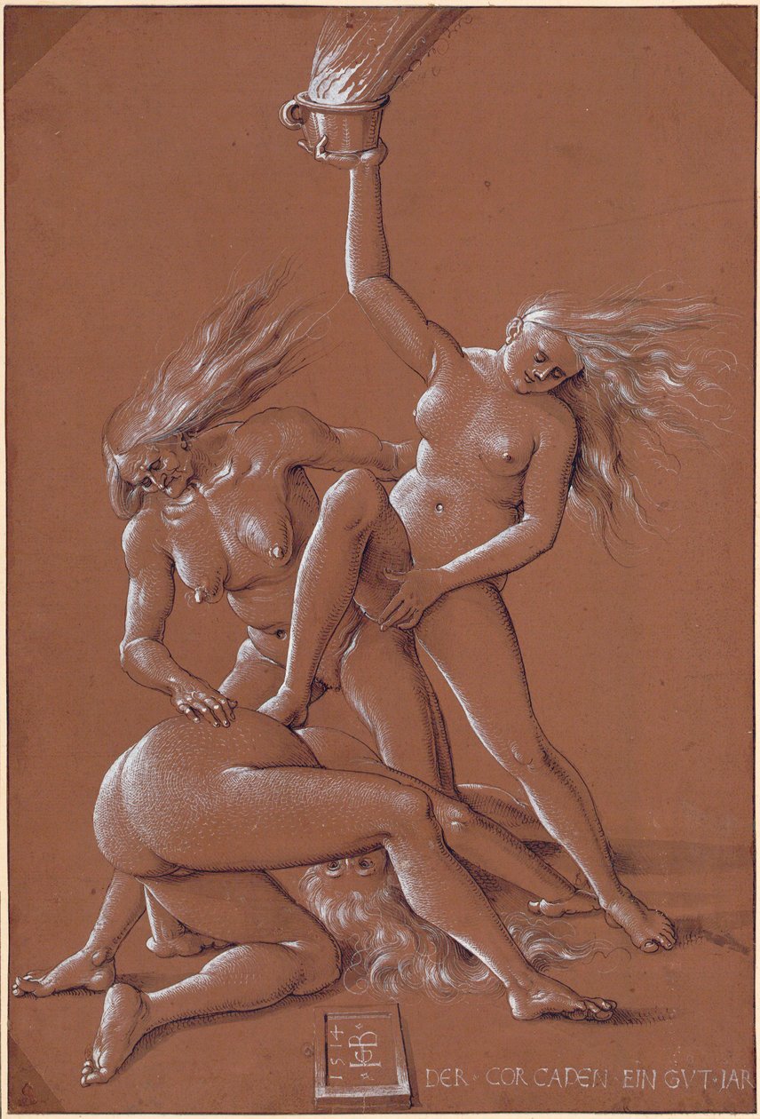 Saudação de Ano Novo com três bruxas - Trabalho de Hans Baldung (1484-1545) tinta e giz branco sobre papel de Hans Baldung Grien