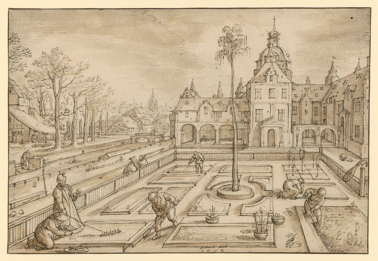 Tratamento de um jardim de castelo no início da primavera, provavelmente de uma série de representações dos meses de Hans Bol