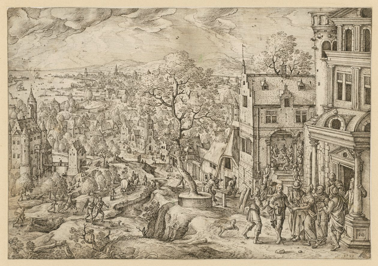 A história de Tobias numa ampla paisagem de Hans Bol