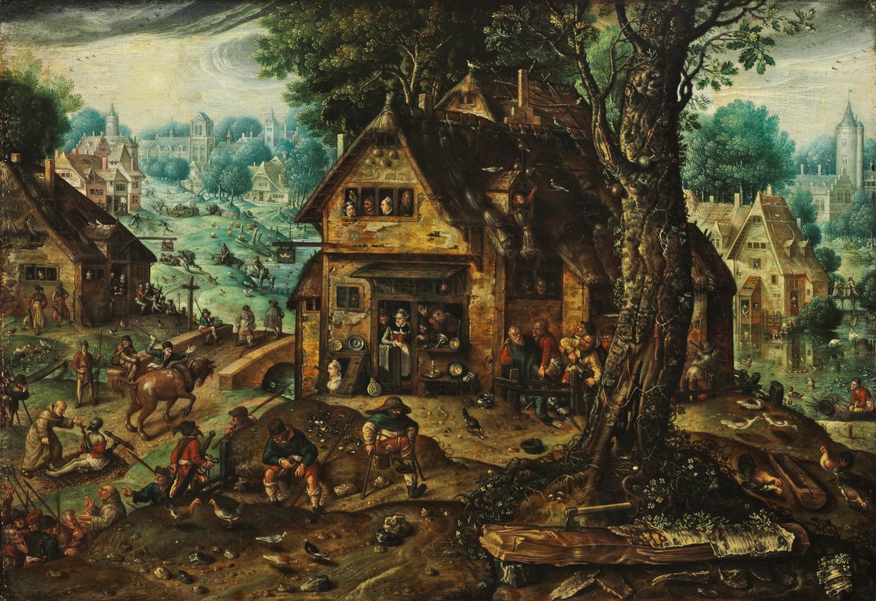 Vista de aldeia com numerosas pessoas de Hans Bol