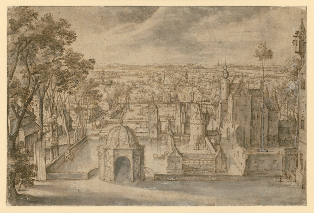 Um castelo com várias torres numa vasta paisagem plana, entre lagoas. Um pavilhão de jardim redondo no centro do primeiro plano. À esquerda, uma alameda de Hans Bol