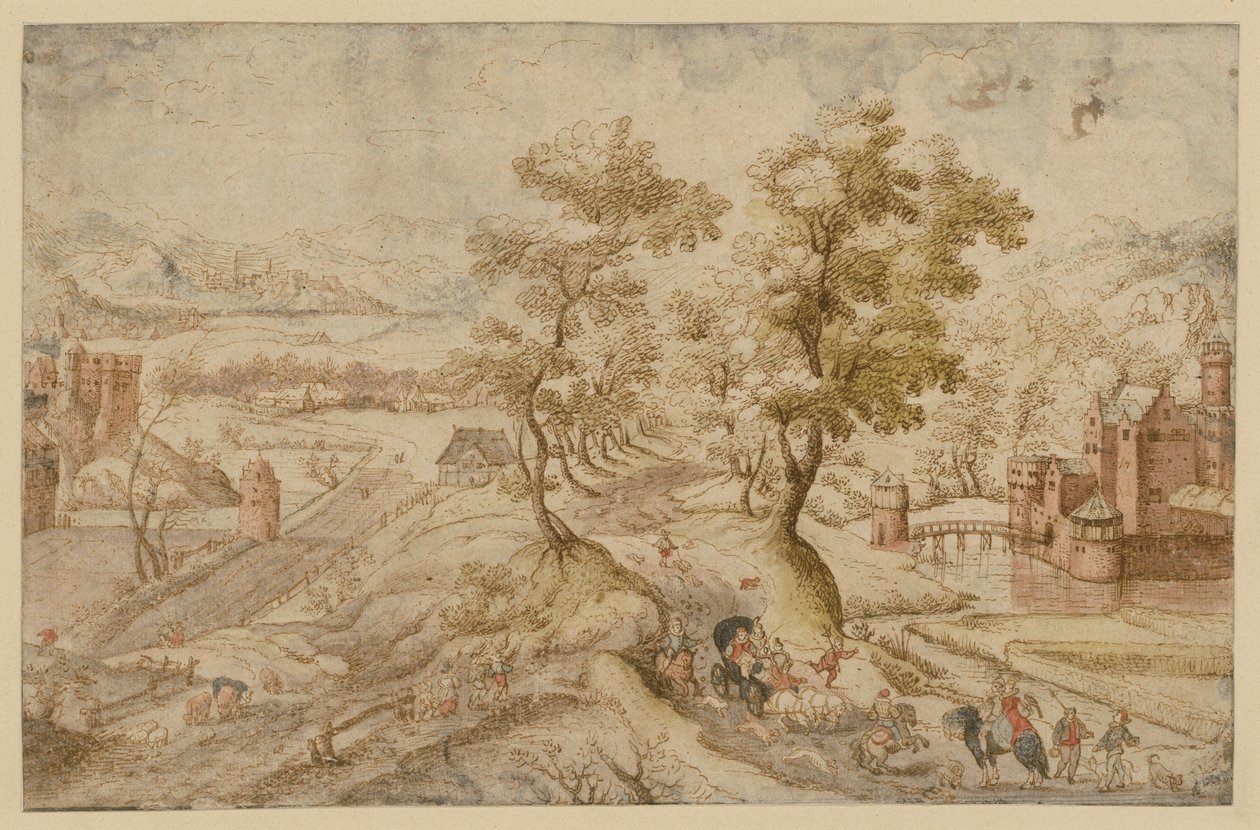 Paisagem montanhosa com dois castelos de água de Hans Bol