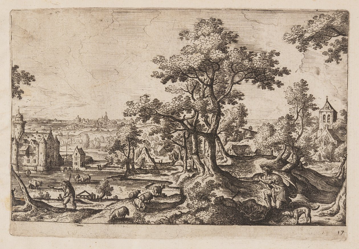 Placa 17, de Paisagens com cenas do Antigo e do Novo Testamento e Metamorfoses de Ovídio de Hans Bol