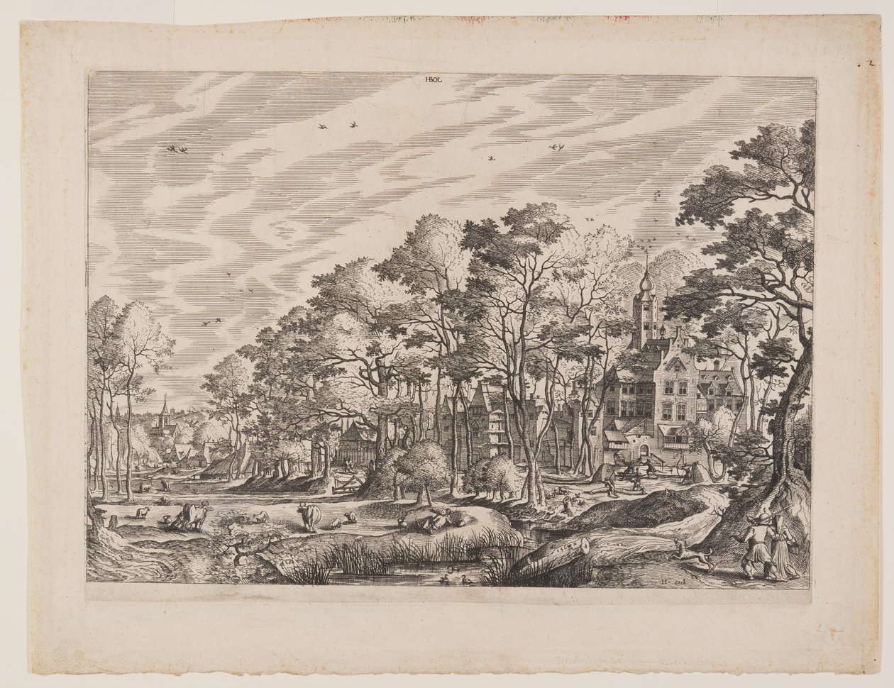 Vista de uma aldeia com um castelo à direita, placa 1 de Paisagens com vistas de aldeias de Hans Bol