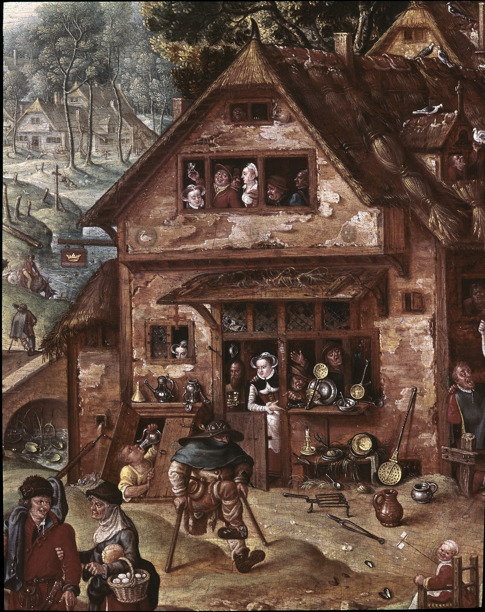 Vista da aldeia com cenas burlescas. Pormenor da taberna de Hans Bol