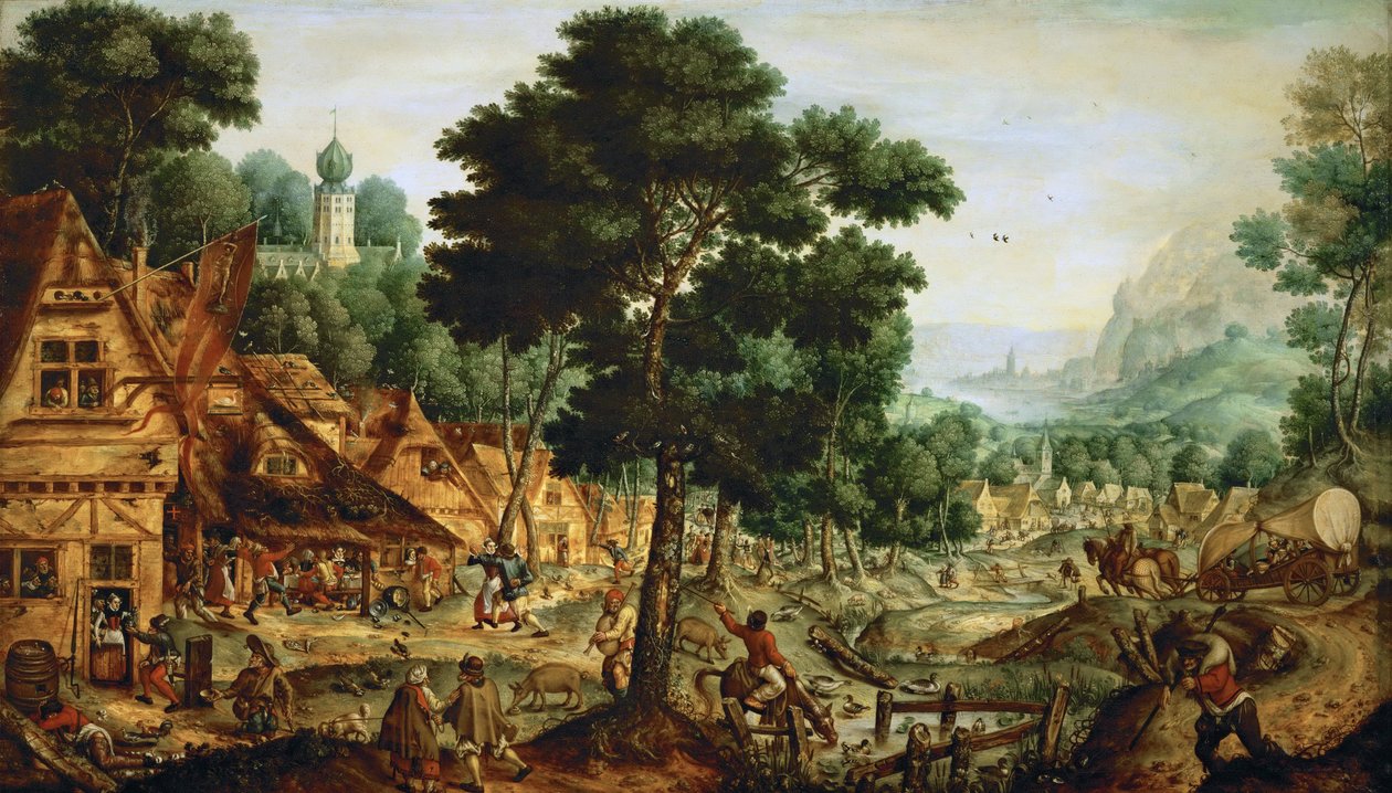 Flamand de aldeia - Vida de aldeia flamenga - Hans Bol (1534-1593). Óleo sobre madeira, cerca de 1562. Dimensão : 49,5x83,8 cm. Museu de História de Arte, Vienne de Hans Bol