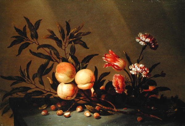 Ainda vida de pêssegos e flores, 1641 de Hans Bollongier