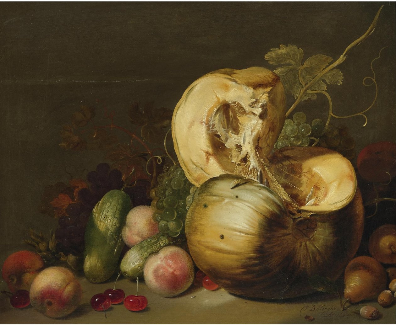 Natureza morta com uma abóbora, pêssegos, uvas, cerejas e outros frutos de Hans Bollongier