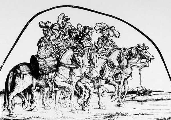 Uma trupe de bateristas, da Procissão Triunfal de Maximilianos, c.1516-18 de Hans Burgkmair