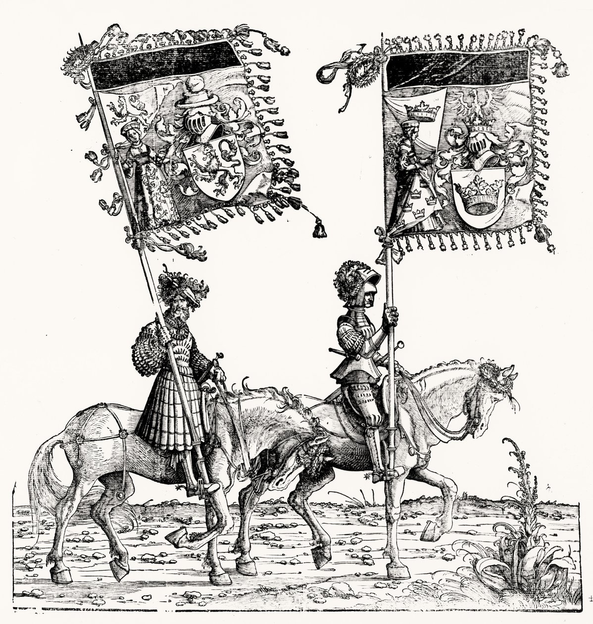 Dois Cavaleiros Montados, da Procissão Triunfal de Maximilianos, c.1516-18 de Hans Burgkmair