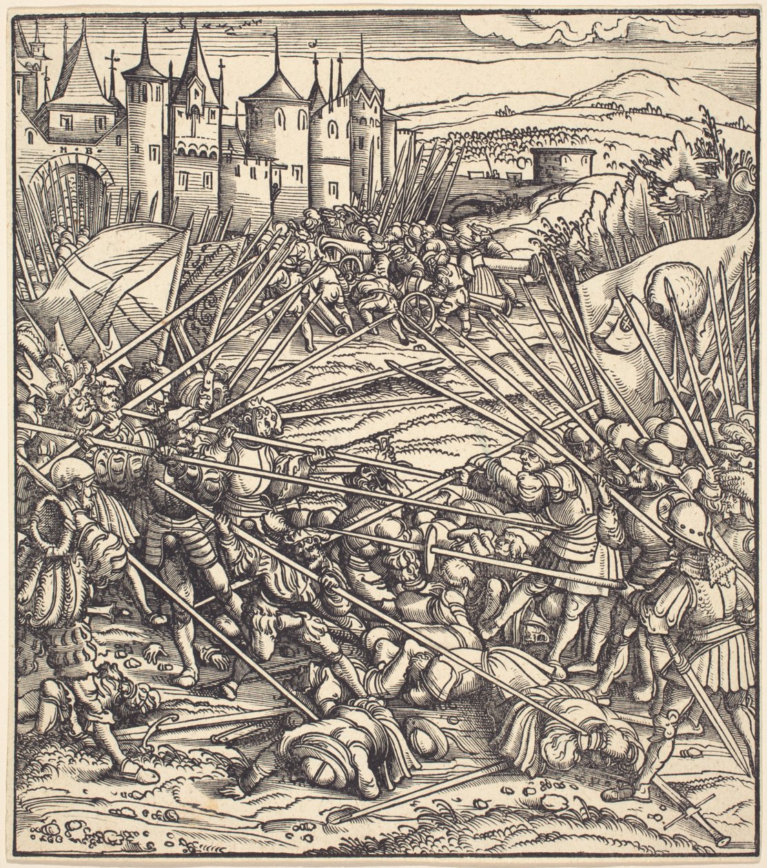 Batalha dos soldados de infantaria com lanças de Hans Burgkmair I