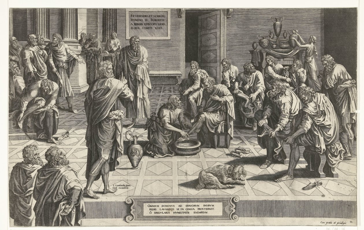 Cristo lava os pés dos discípulos
Omnium Dominus ad servorum suroum pedes lavandos se in genua prosternit o singularis humilitatis exemplum (título sobre o objecto) de Hans Collaert (I) (attributed to)