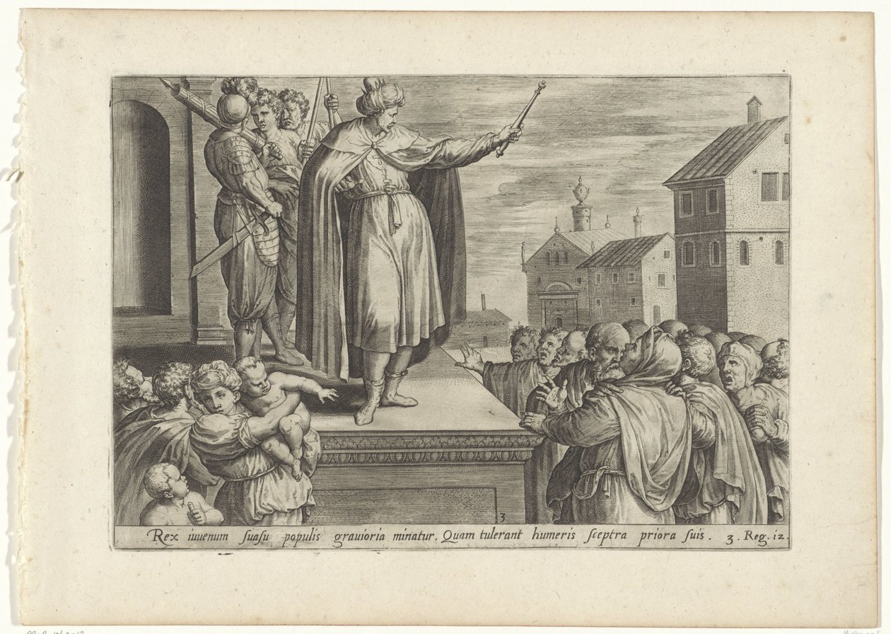 Rechabeam antwoordt het volk Geschiedenis van Jeroboam en Rechabeam (título da série) O Tesouro das Histórias Sagradas do Antigo Testamento (...) (título da série) de Hans Collaert (I) (attributed to)