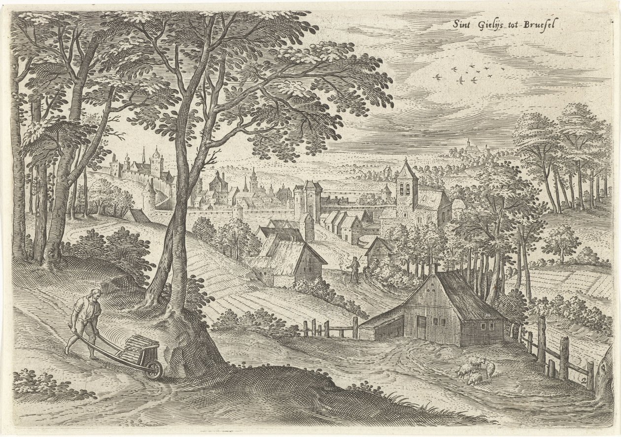Vista de Saint Gilles Sint Gielijs para Bruxelas (título no objeto) Pontos turísticos da área de Bruxelas (título da série) de Hans Collaert (I)