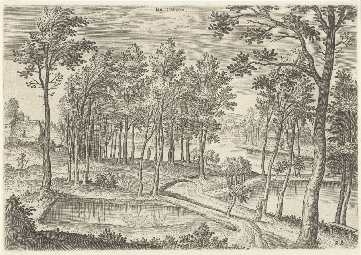 Vista das lagoas de La Cambre At Camere (título no objeto) Pontos turísticos da área de Bruxelas (título da série) de Hans Collaert (I)