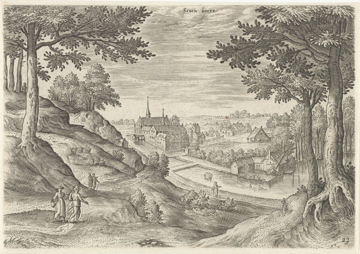 Vista do mosteiro de Zevenborren Seuen burre (título no objeto) Pontos turísticos da área de Bruxelas (título da série) de Hans Collaert (I)