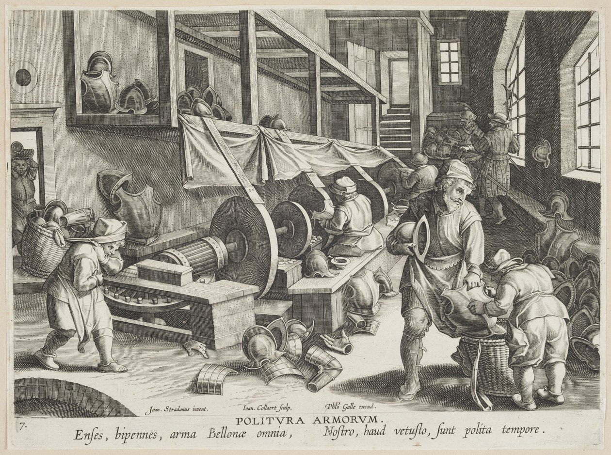 Politura Armorum (Braços de Polimento), prato 17 da série Nova Reperta (Descobertas Modernas) c.1588 (gravura sobre papel avergoado) de Hans Collaert