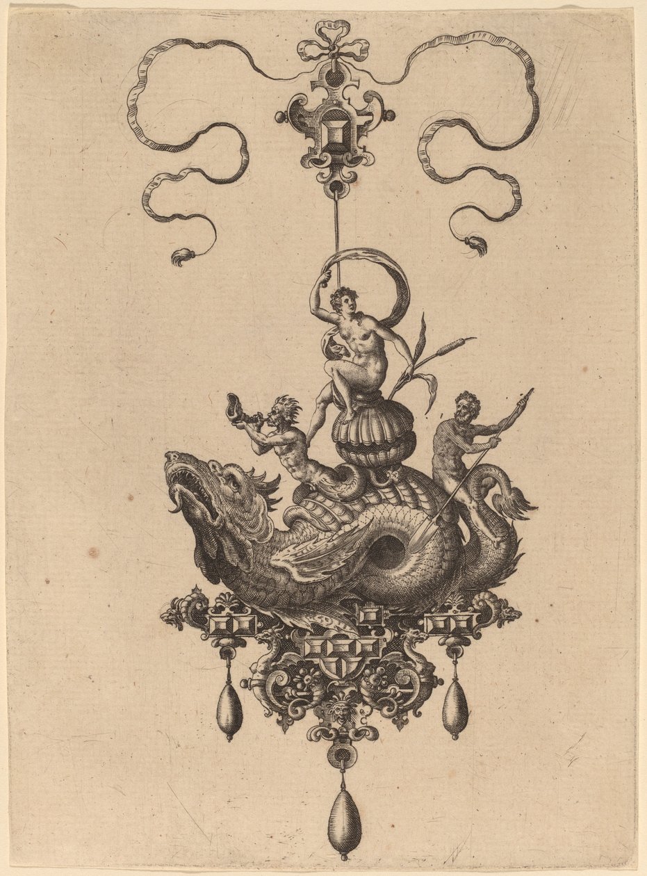 Projeto para um pingente com monstro marinho carregando uma mulher em uma concha flanqueada por um tritão e um homem com um remo de Hans Collaert the Elder